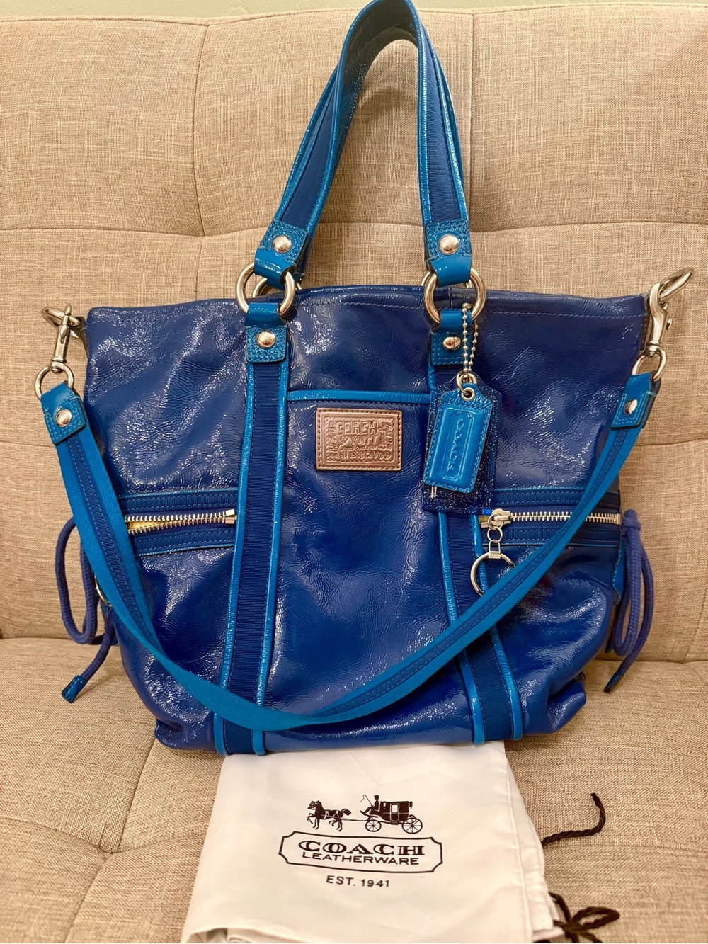 Coach Electric Blue Leather Tote with Adjustable Strap